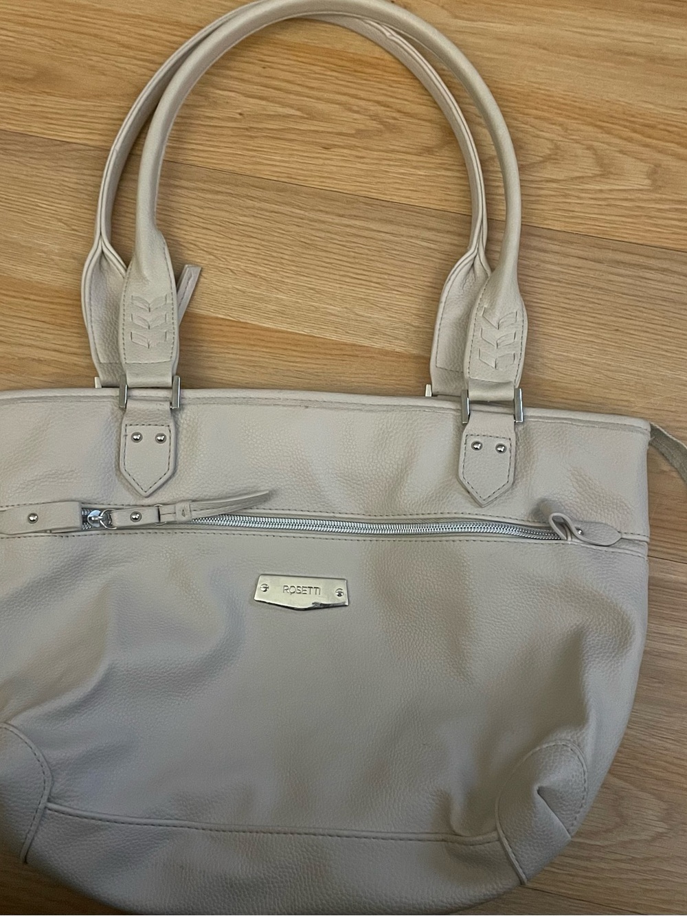 Rosetti Light Cream Pebbled Leather Tote with Front Zip